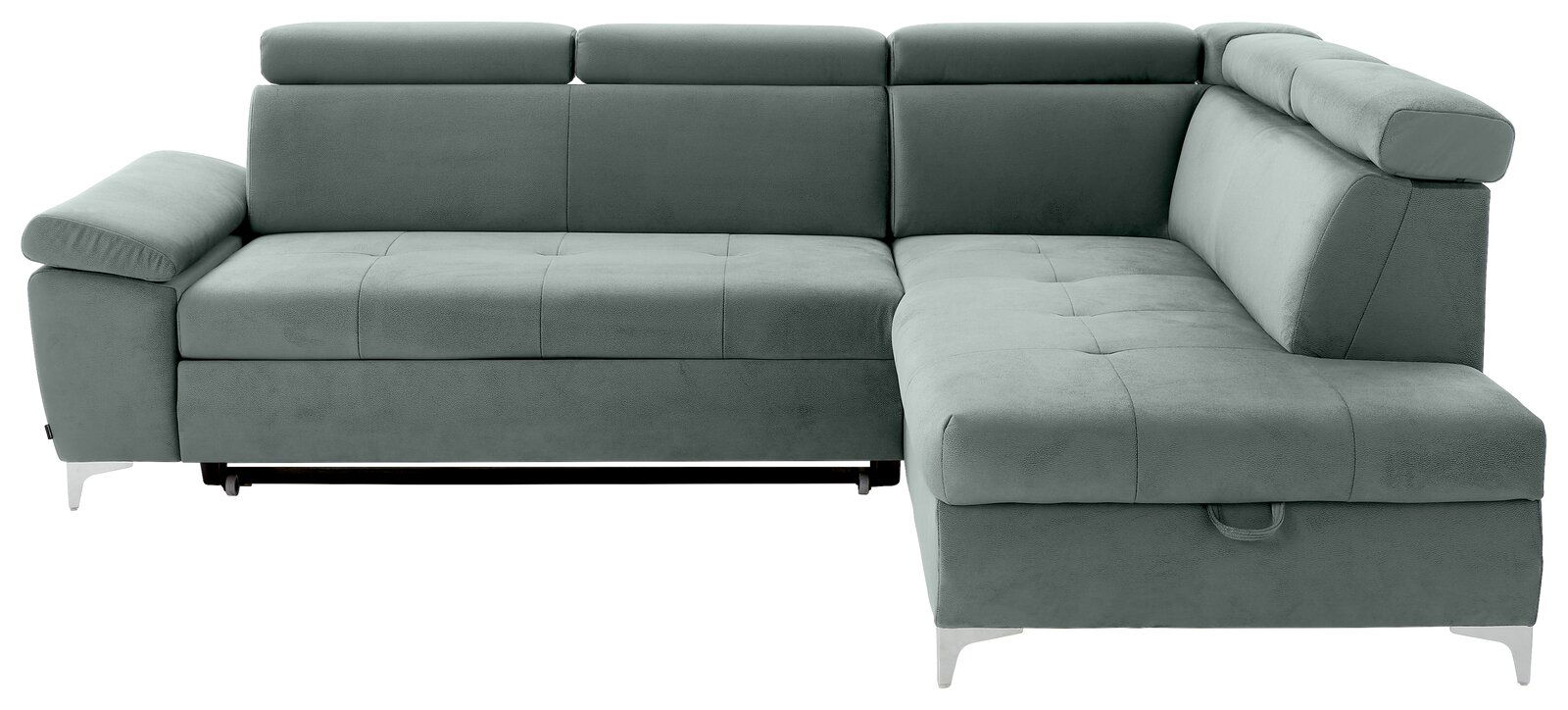 Grüne Eckcouch mit verstellbaren Kopfstützen und Stauraum, Perspektive von vorne.