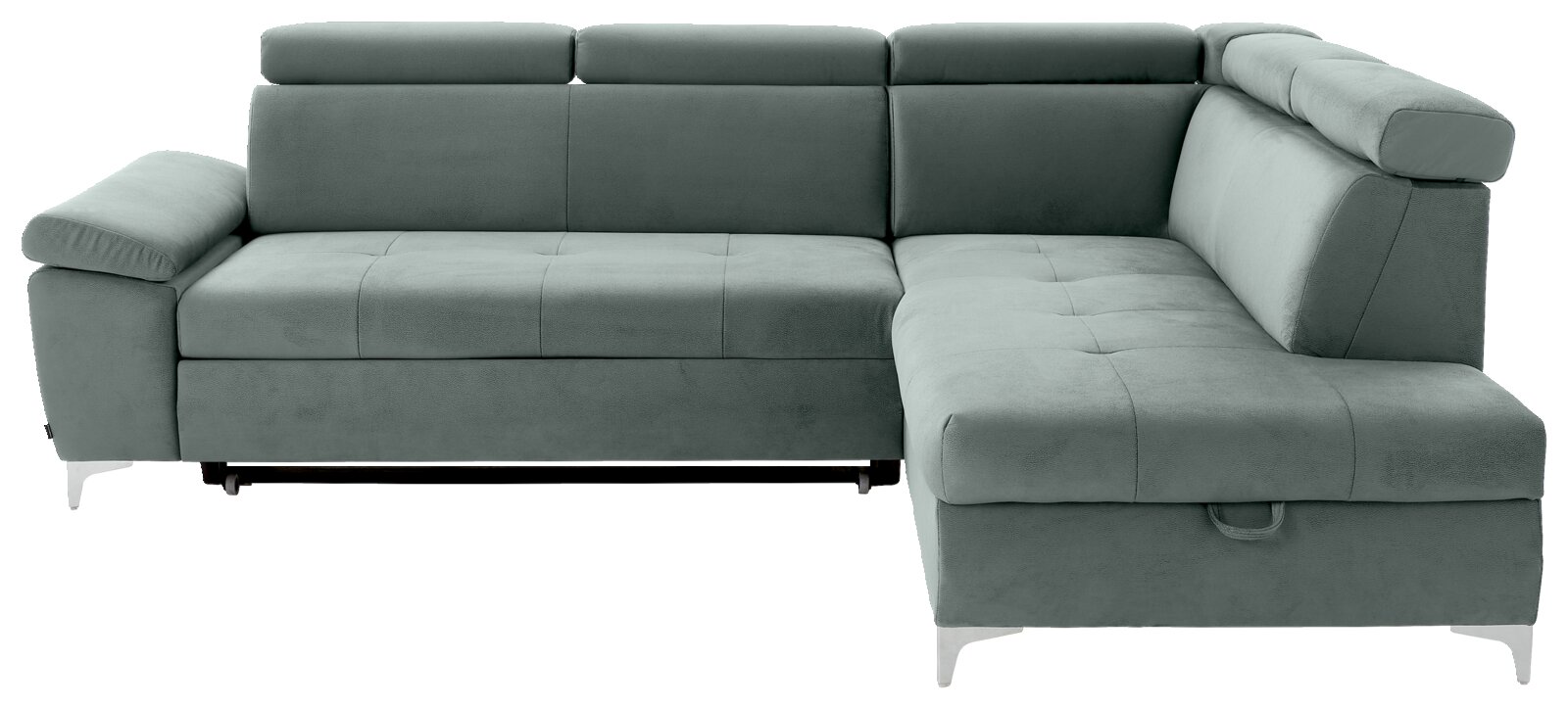 Grüne Eckcouch mit verstellbaren Kopfstützen und Stauraum, Perspektive von vorne.