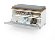 Garderobenbank mit grauem Sitzpolster, geöffnete Frontklappe, zeigt Stauraum für Schuhe und Accessoires, Perspektive von vorne