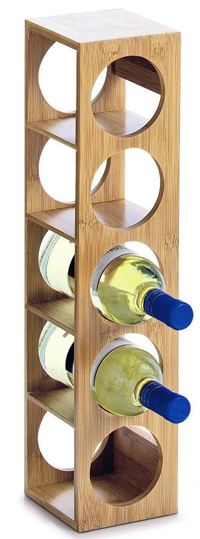 Weinregal aus Holz für 5 Flaschen, vertikale Perspektive mit zwei eingesetzten Weinflaschen