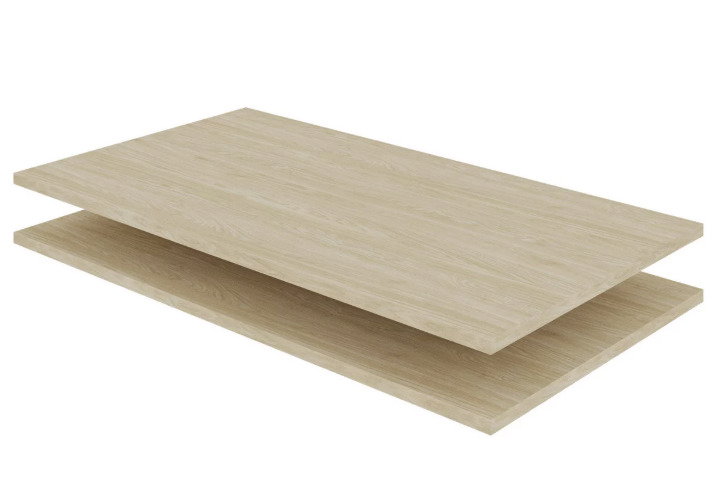 Hom´in Einlegebodenset 2er UNIT Zwei übereinander gestapelte Einlegeböden aus Eiche, perspektivisch von schräg oben betrachtet.