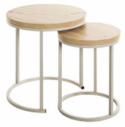 Zweier-Set Beistelltische mit runden Holzplatten und Metallgestell, seitliche Perspektive