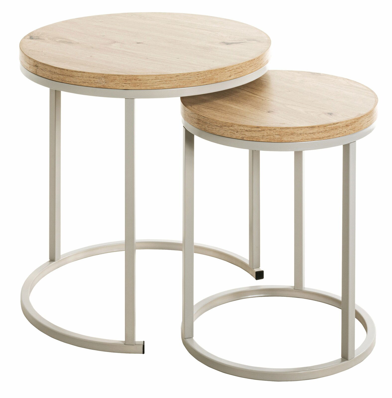 Zweier-Set Beistelltische mit runden Holzplatten und Metallgestell, seitliche Perspektive