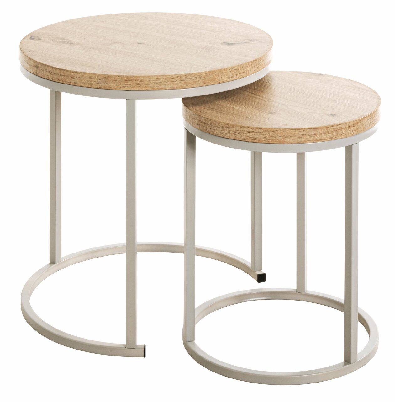 Set van twee bijzettafels met ronde houten bladen en een metalen onderstel, zijaanzicht