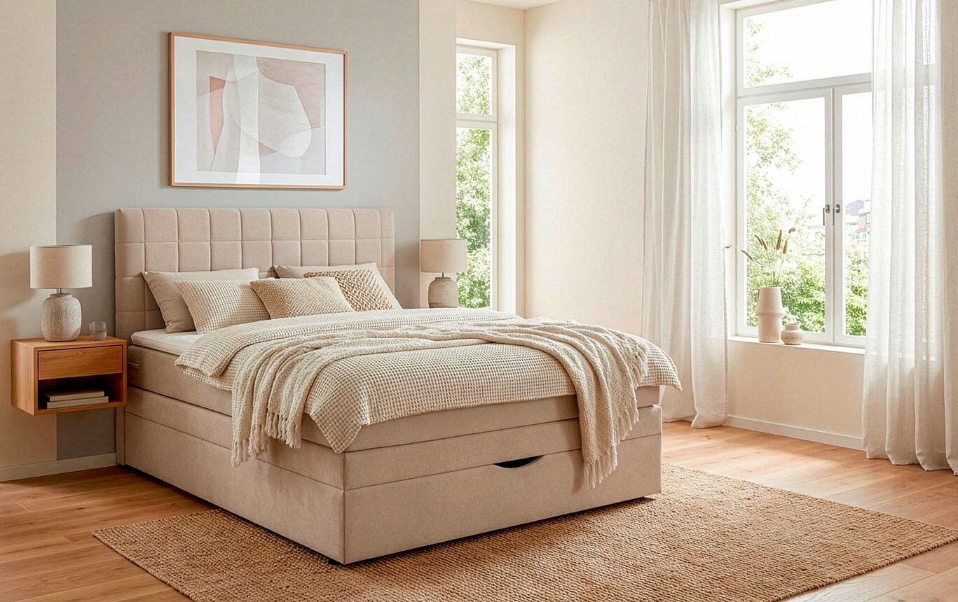 Beiges, gepolstertes Boxspringbett mit gestepptem Kopfteil und integriertem Bettkasten in hellem Schlafzimmer, fotografiert in frontaler Perspektive mit leichtem Blick von rechts.