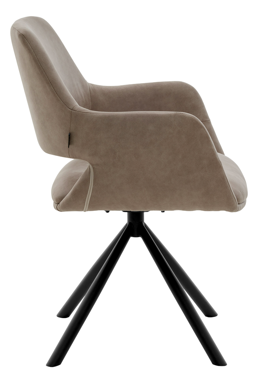 Seitenansicht eines modernen Armlehnstuhls mit beigem Polster und schwarzem Metallgestell.