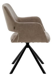 Seitenansicht eines modernen Armlehnstuhls mit beigem Polster und schwarzem Metallgestell.