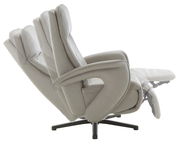 Seitliche Ansicht eines Relax-Sessels in beige mit verstellbarer Rückenlehne und Fußstütze.