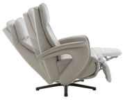 Seitliche Ansicht eines Relax-Sessels in beige mit verstellbarer Rückenlehne und Fußstütze.