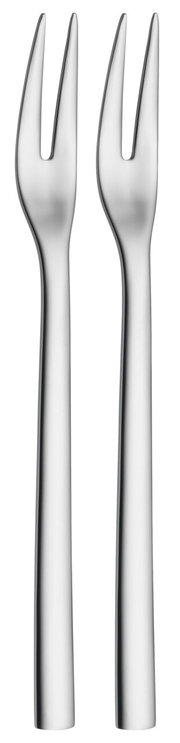 Zwei elegante Serviergabeln aus Edelstahl, frontal abgebildet.