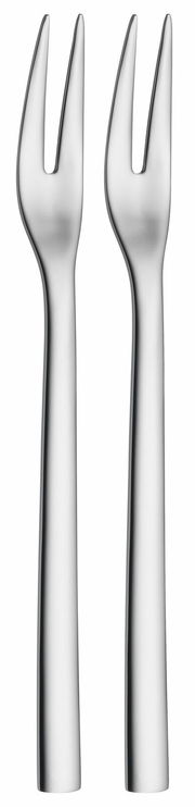 Zwei elegante Serviergabeln aus Edelstahl, frontal abgebildet.