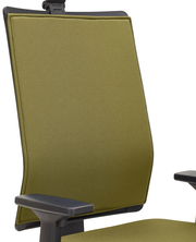 Grüner Drehstuhl mit Armlehnen, seitliche Perspektive auf die Rückenlehne