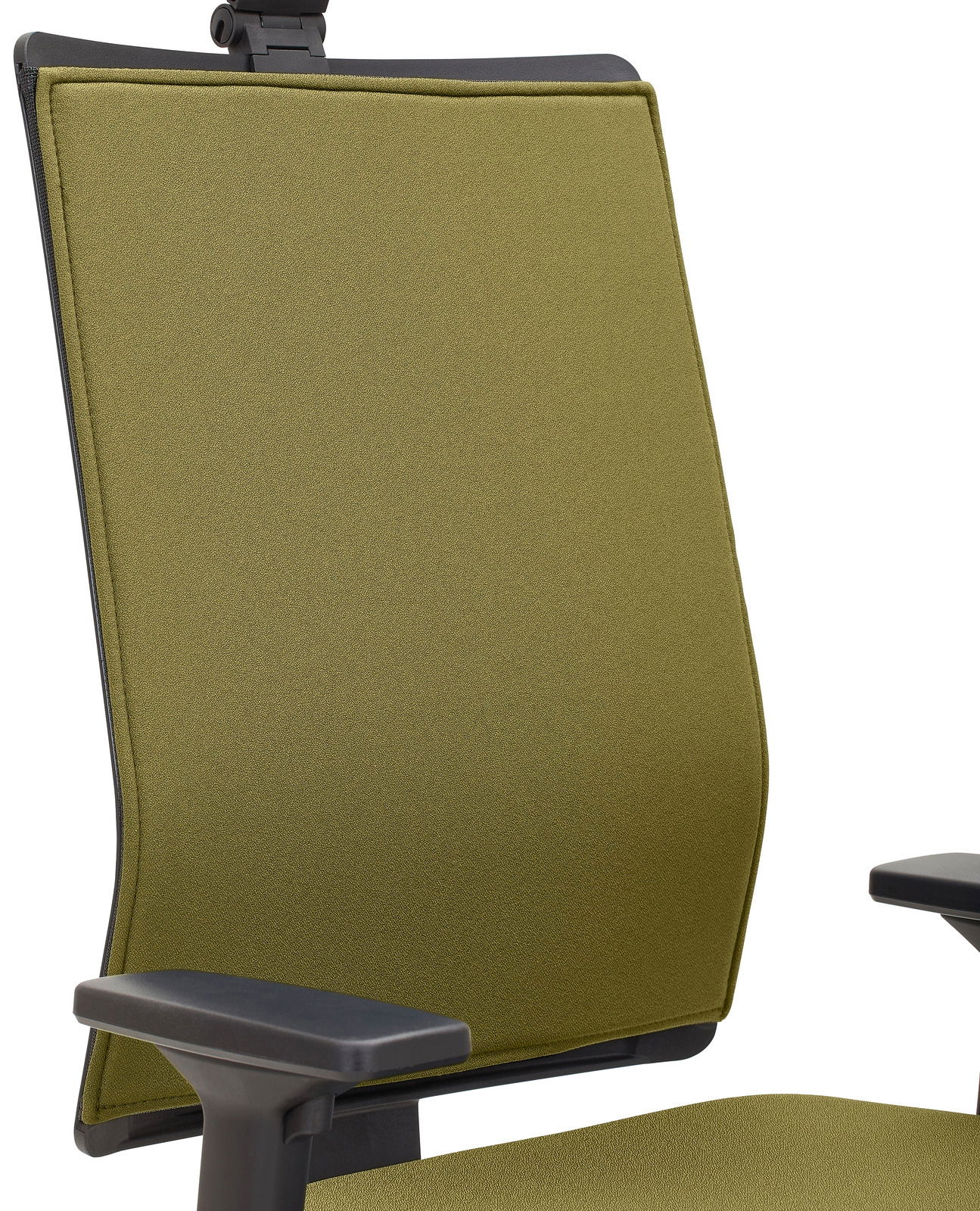 Grüner Drehstuhl mit Armlehnen, seitliche Perspektive auf die Rückenlehne