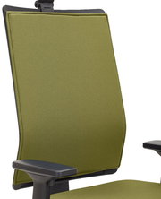 Grüner Drehstuhl mit Armlehnen, seitliche Perspektive auf die Rückenlehne