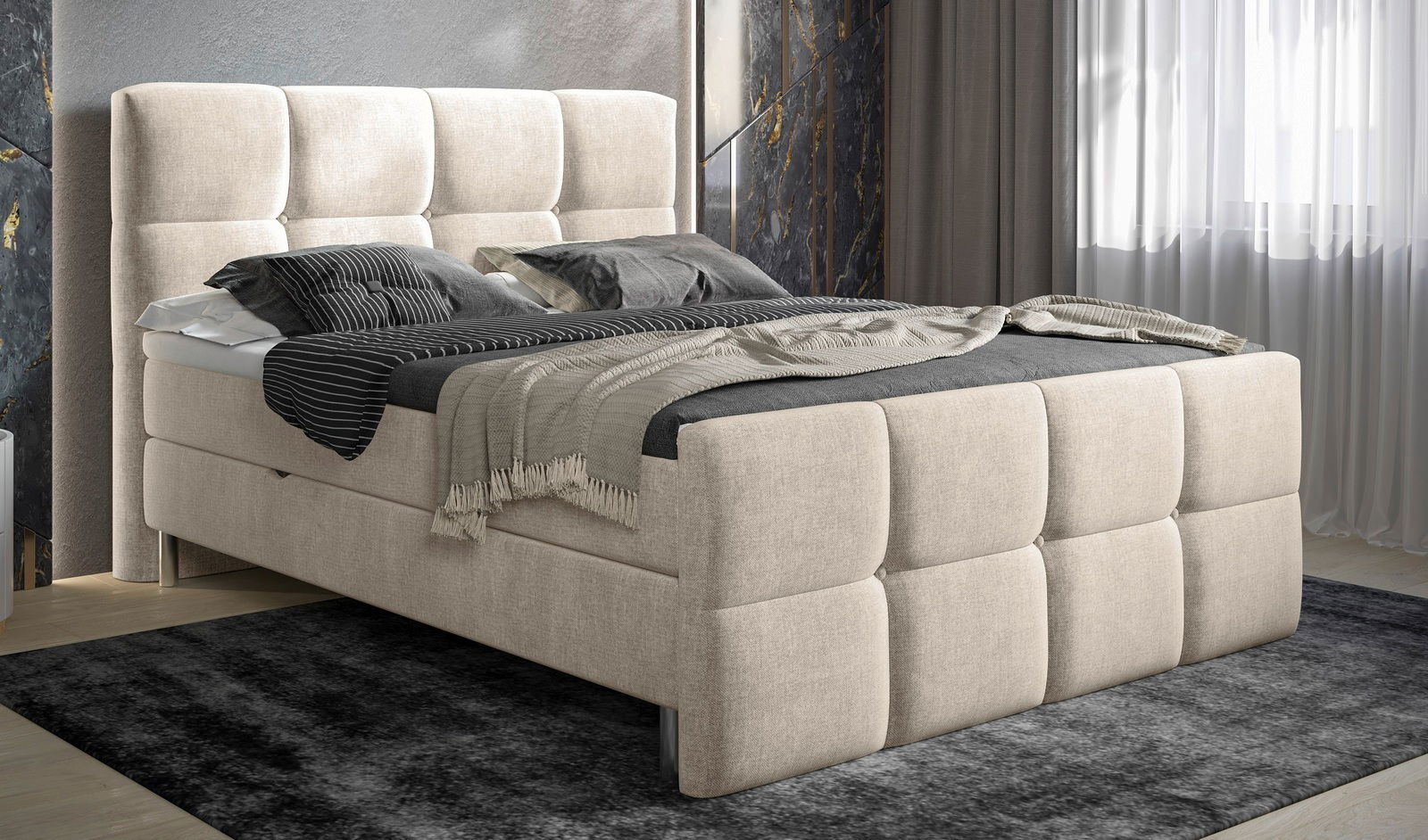 XORA Boxbett MAGNUM Beiges Boxbett mit gepolstertem Kopf- und Fußteil, seitliche Perspektive