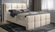 Beiges Boxbett mit gepolstertem Kopf- und Fußteil, seitliche Perspektive