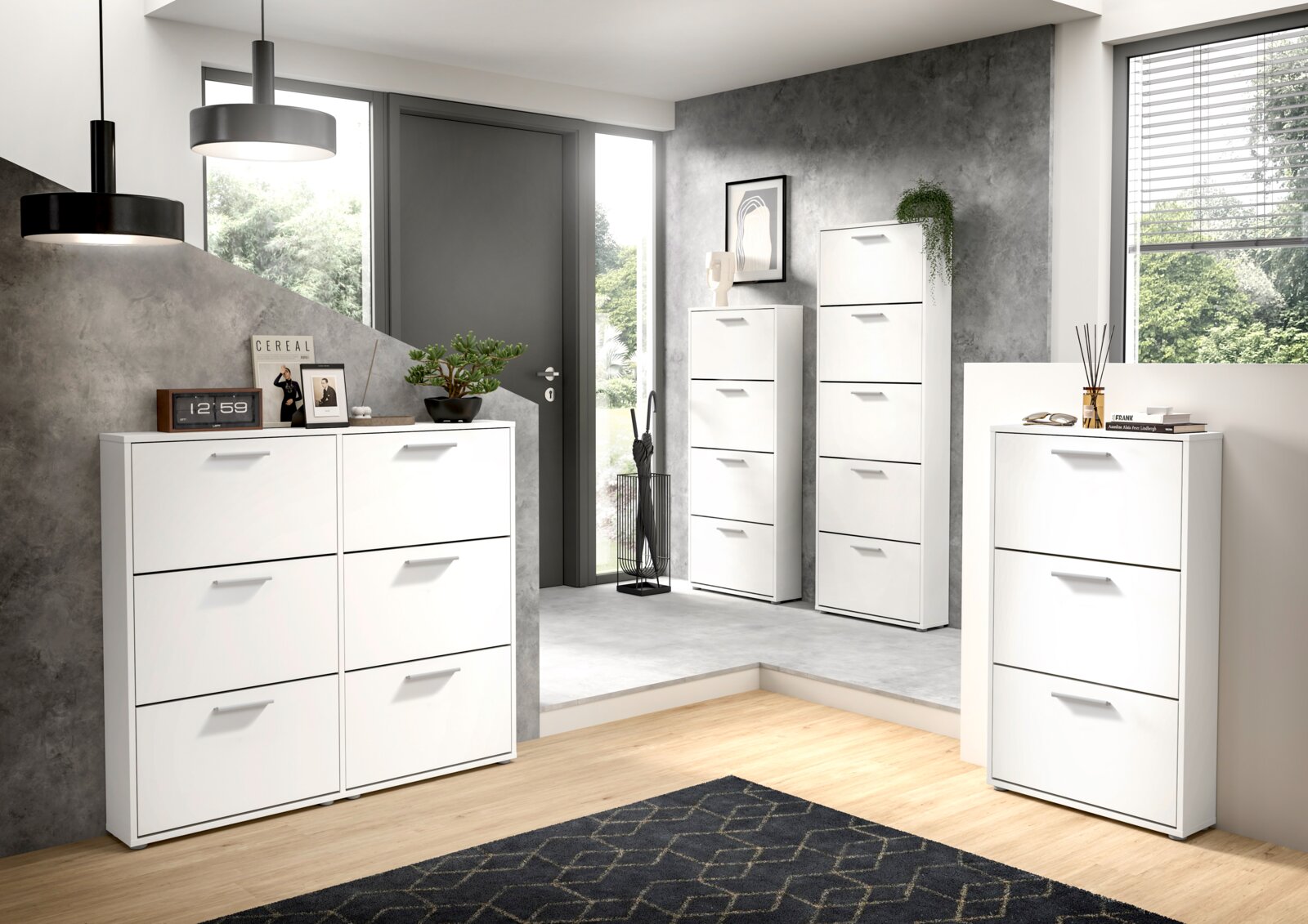 Moderne witte schoenenrek met meerdere vakken, in een stijlvolle, lichte ruimte met een houten vloer en een grijze muur, gezien vanuit het perspectief linksvoor.