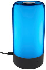 LED-Tischleuchte Mare in zylindrischer Form mit blauem Glas und schwarzem Sockel, seitliche Perspektive