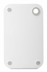 Weißes Frühstücksbrettchen mit runden Ecken und Loch, von oben betrachtet.