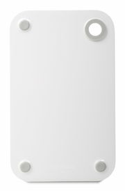 Weißes Frühstücksbrettchen mit runden Ecken und Loch, von oben betrachtet.