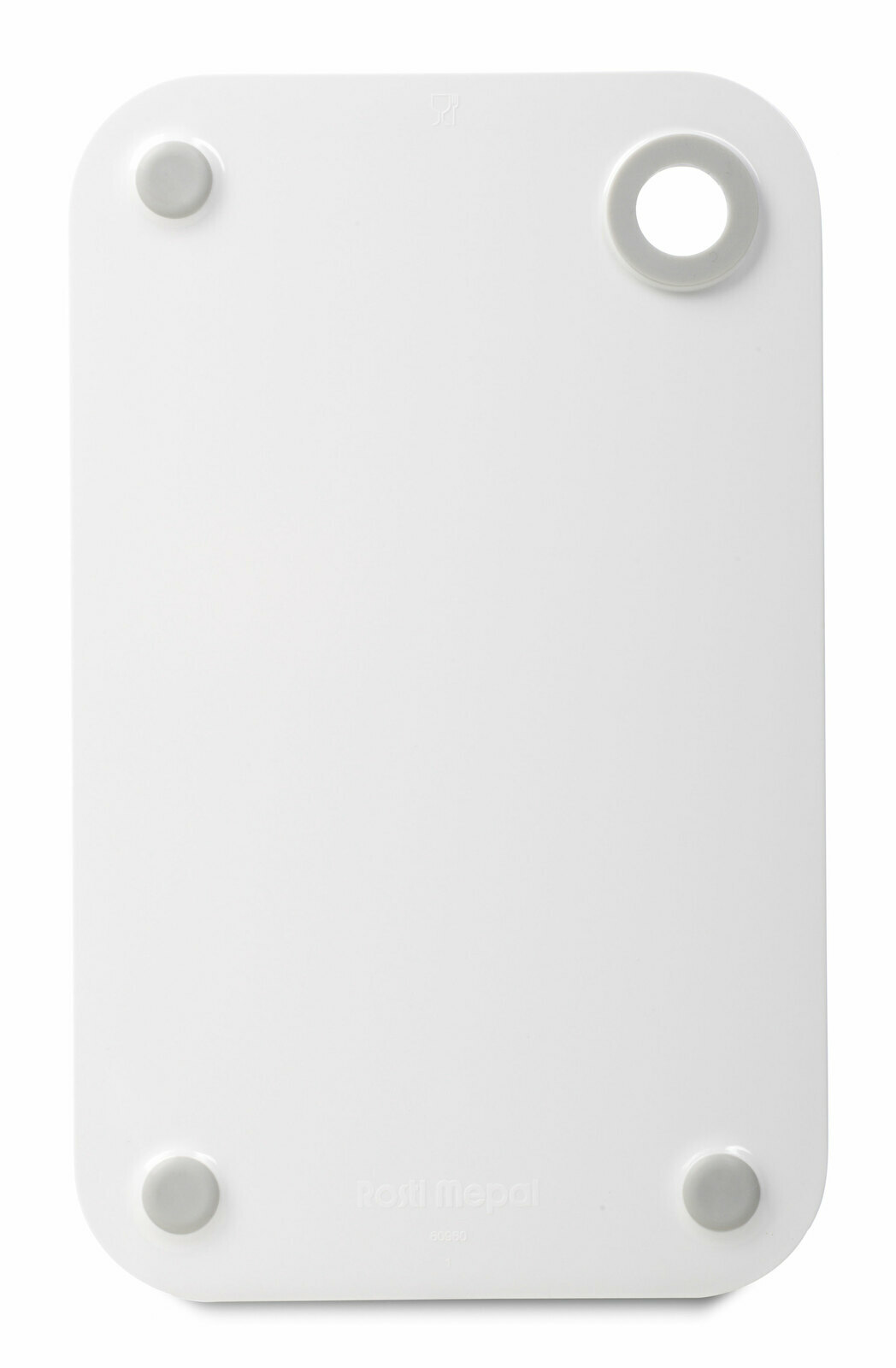 Weißes Frühstücksbrettchen mit runden Ecken und Loch, von oben betrachtet.