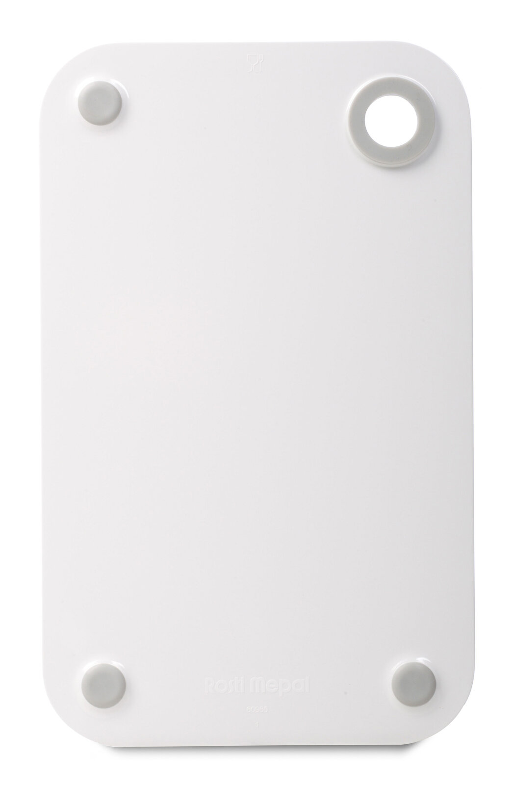 Weißes Frühstücksbrettchen mit runden Ecken und Loch, von oben betrachtet.