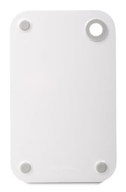 Weißes Frühstücksbrettchen mit runden Ecken und Loch, von oben betrachtet.