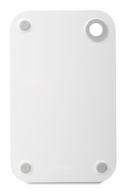 Weißes Frühstücksbrettchen mit runden Ecken und Loch, von oben betrachtet.