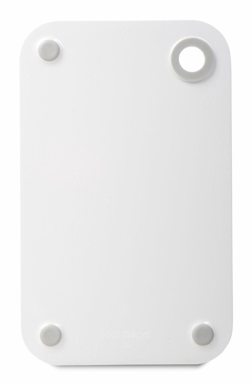 Weißes Frühstücksbrettchen mit runden Ecken und Loch, von oben betrachtet.