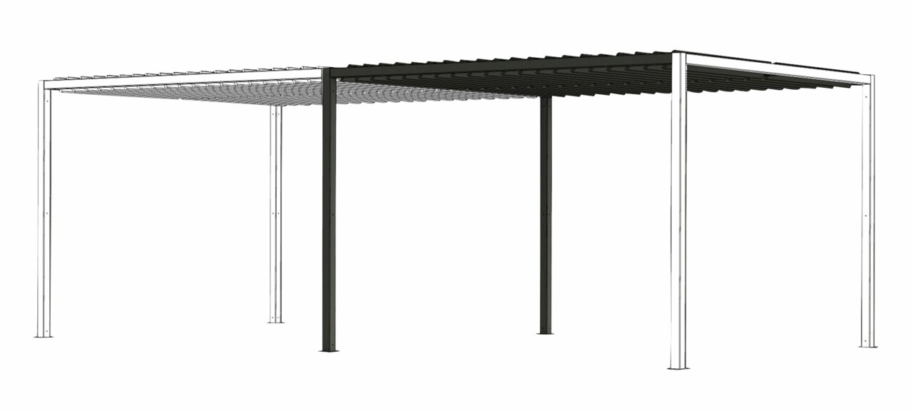 Siena Garden Pergola Basis Erweiter. VIVERA Erweiterung Basis Lamellen aus seitlicher Perspektive, teilweise montiert mit dunklen und hellen Elementen.