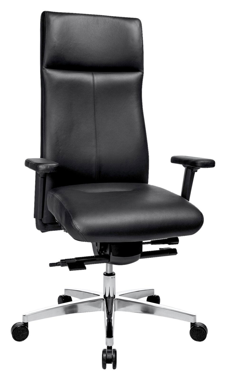 Schwarzer Chefsessel aus Leder mit verstellbaren Armlehnen und Chromfußkreuz, Frontalansicht
