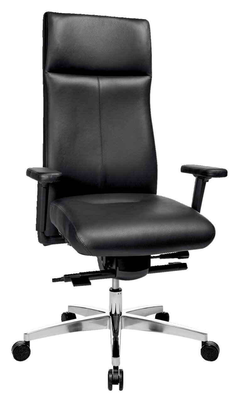 Schwarzer Chefsessel aus Leder mit verstellbaren Armlehnen und Chromfußkreuz, Frontalansicht