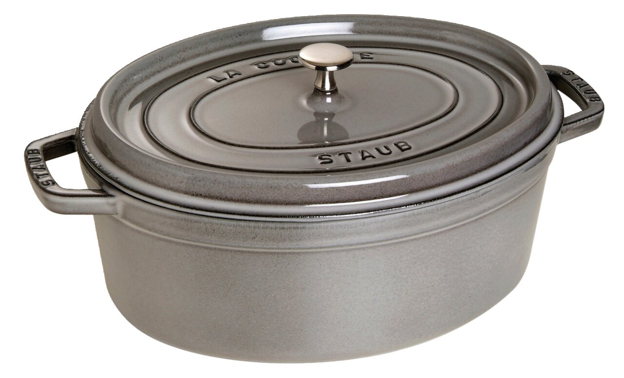 Grijze ovale braadpan (cocotte) van 33 cm met deksel en handvatten aan de zijkant, zijaanzicht