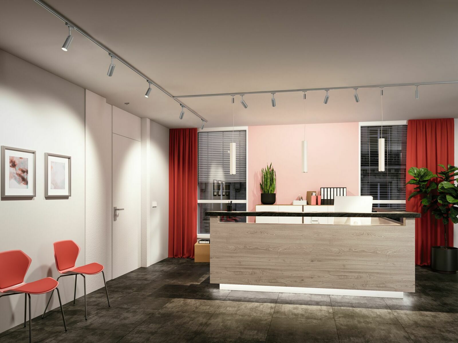 Moderne Schienenpendelleuchte Catalejo URAIL in einem stilvollen Empfangsbereich, seitliche Perspektive.