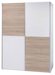 Zweifarbiger Schwebetürenschrank mit Holz- und Weißoptik, frontal betrachtet