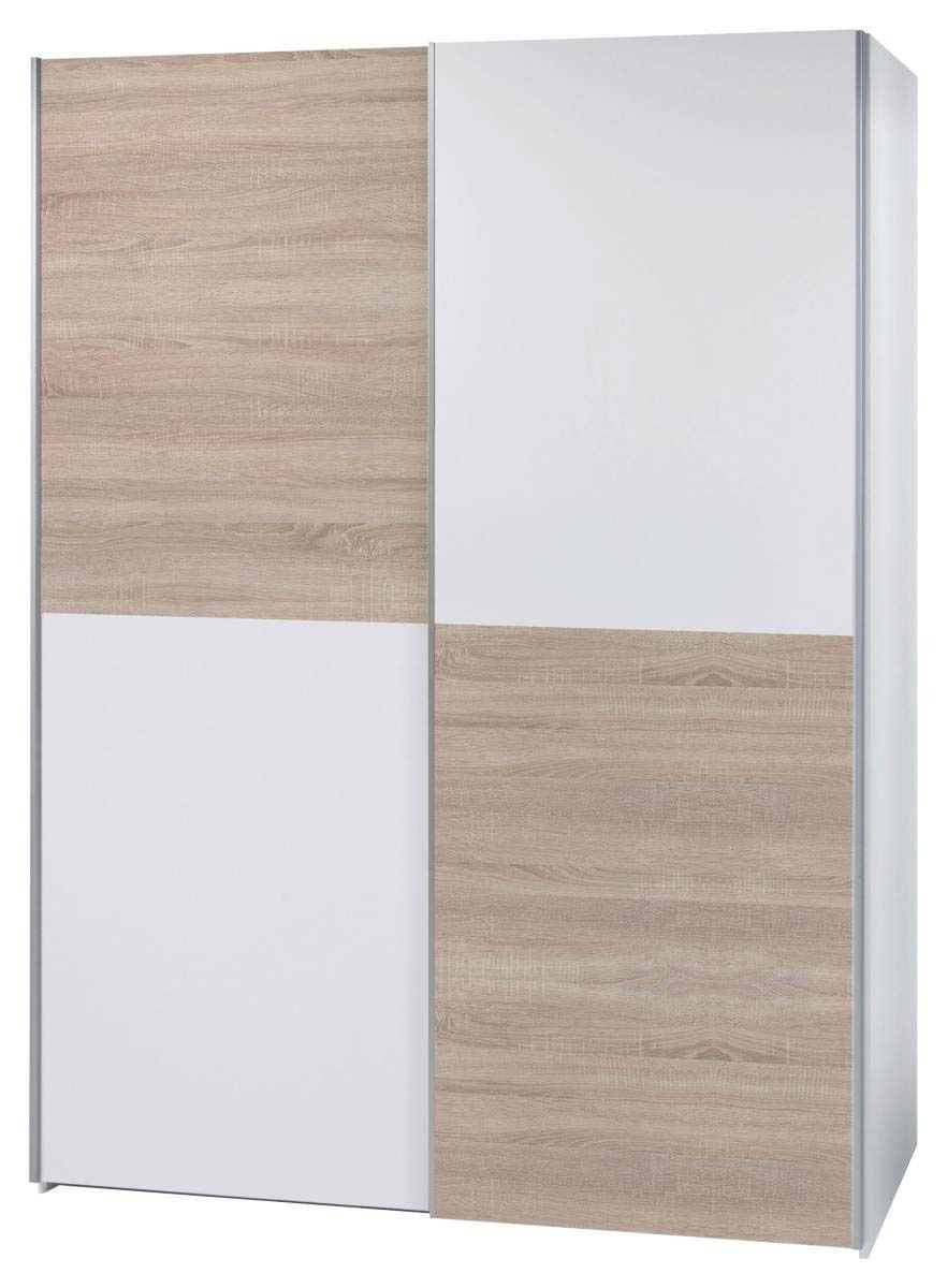 Zweifarbiger Schwebetürenschrank mit Holz- und Weißoptik, frontal betrachtet