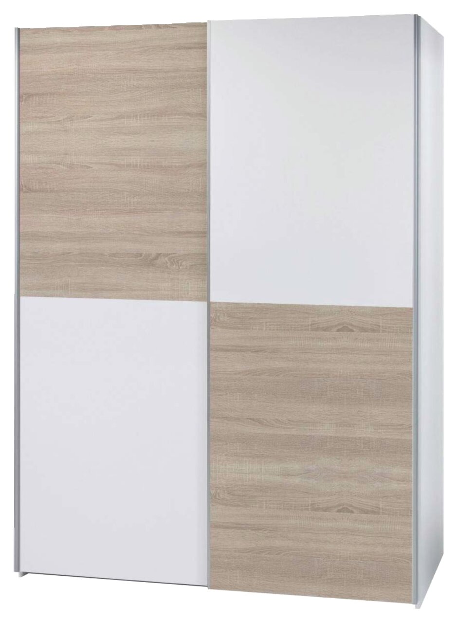 Zweifarbiger Schwebetürenschrank mit Holz- und Weißoptik, frontal betrachtet