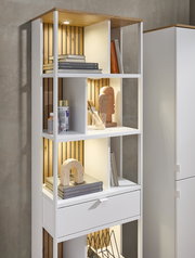 Weißes Büroregal mit mehreren Fächern, dekoriert mit Büchern und Kunstobjekten, aus seitlicher Perspektive fotografiert.