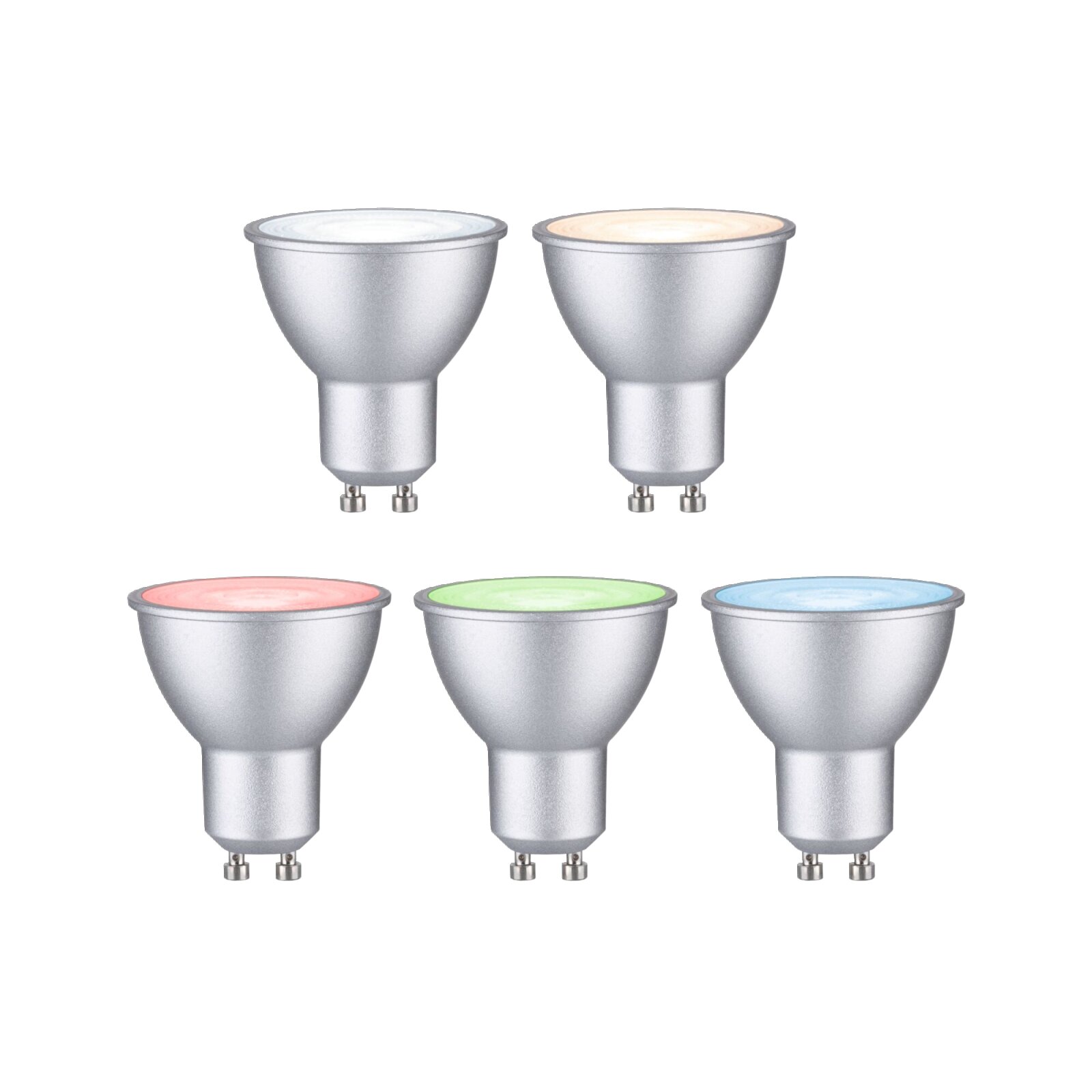 Vijf ledlampen in verschillende kleuren, gezien van voren