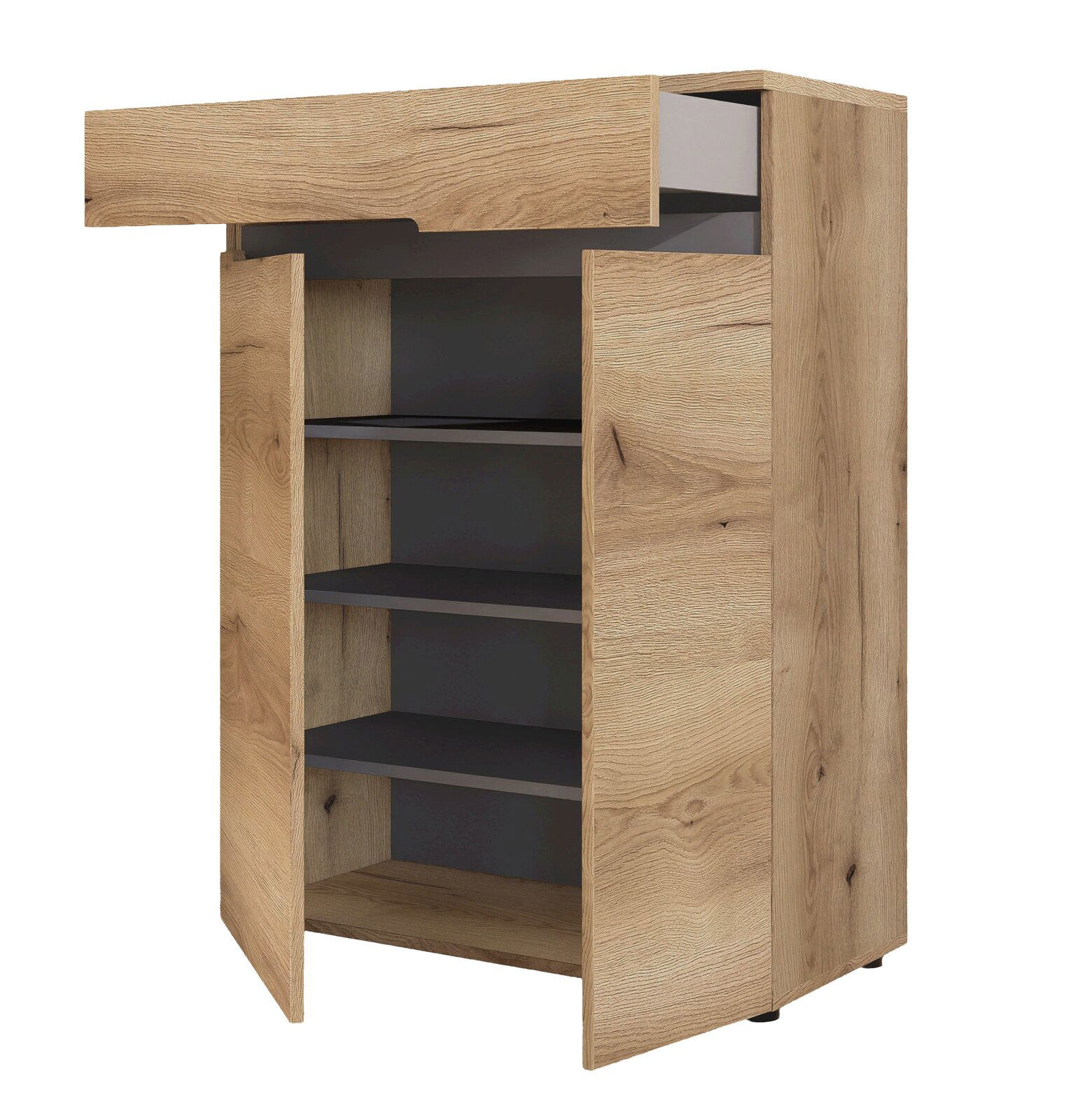 Holzschrank mit geöffneter Tür und Schublade, seitliche Perspektive