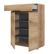 Holzschrank mit geöffneter Tür und Schublade, seitliche Perspektive