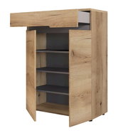 Holzschrank mit geöffneter Tür und Schublade, seitliche Perspektive
