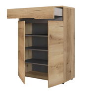 Holzschrank mit geöffneter Tür und Schublade, seitliche Perspektive