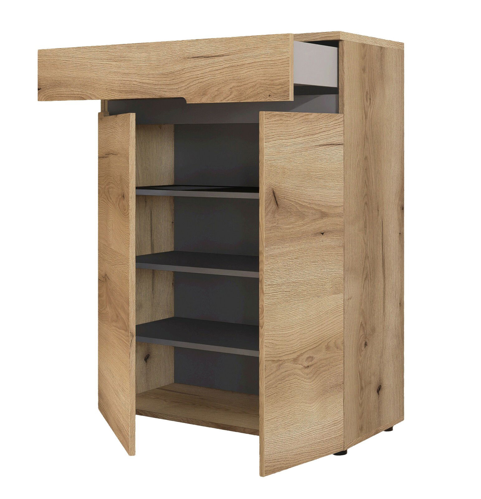 Holzschrank mit geöffneter Tür und Schublade, seitliche Perspektive