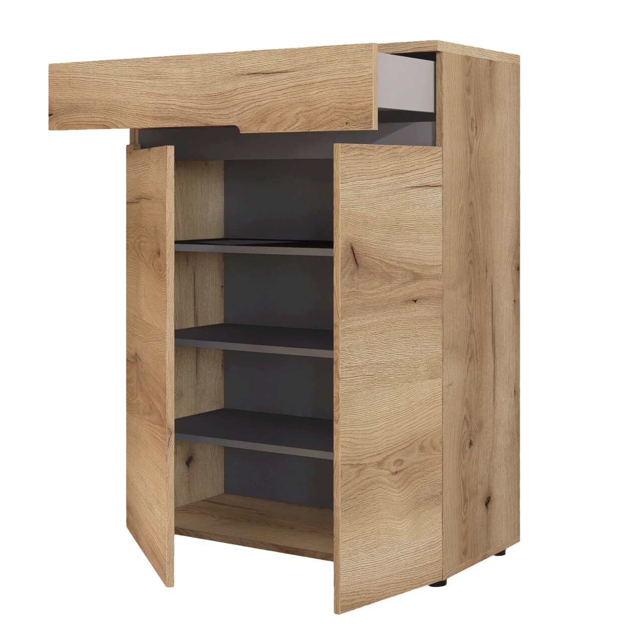 Holzschrank mit geöffneter Tür und Schublade, seitliche Perspektive