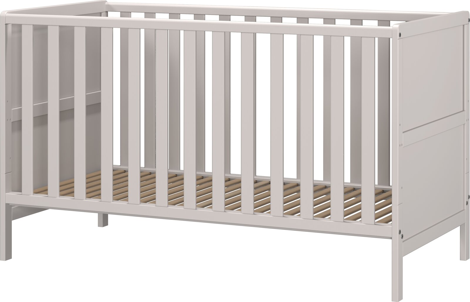 Wit houten babybedje met spijlen, zijaanzicht