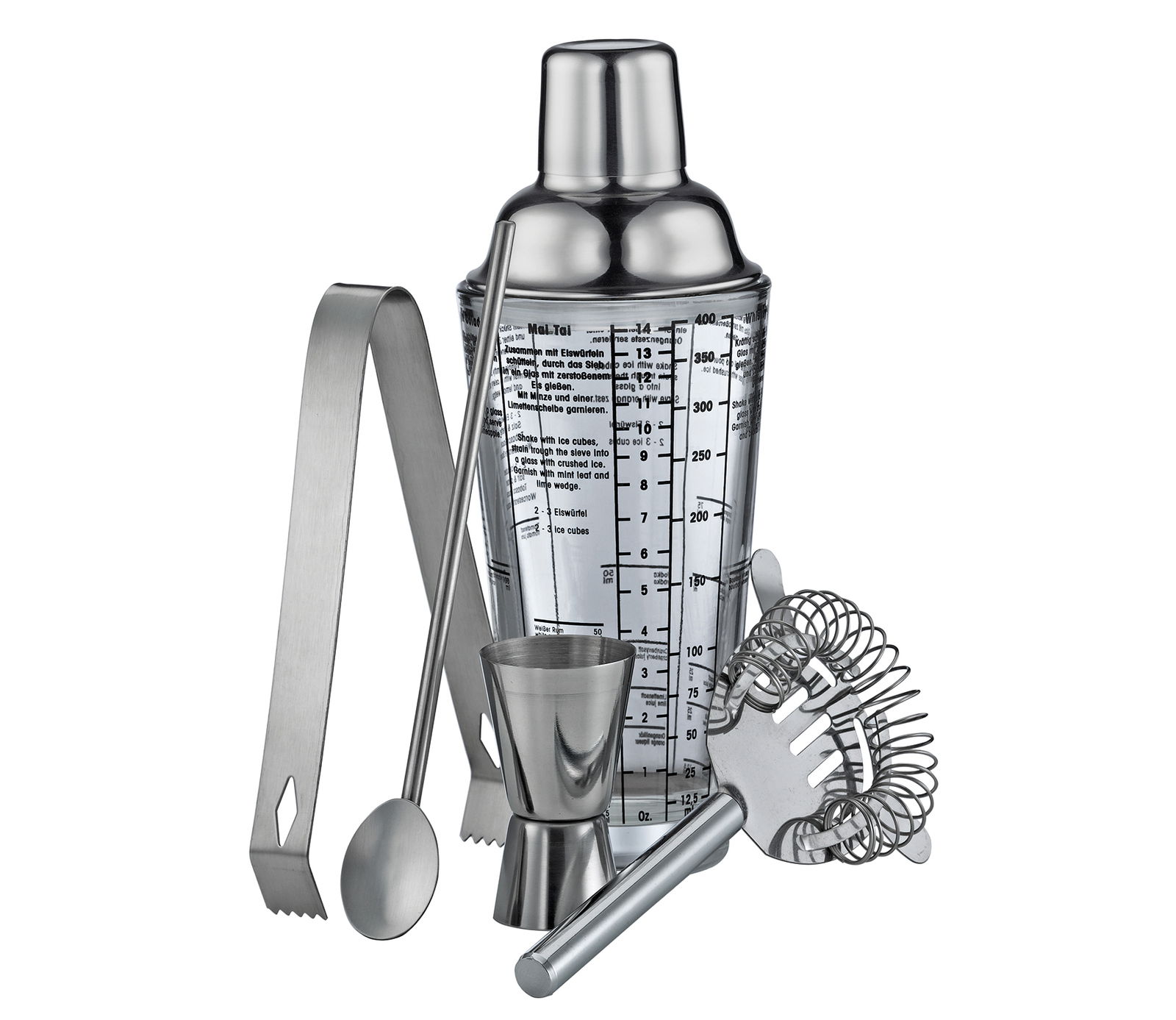 Bar Set Cosmopolitan 5-teilig, bestehend aus einem Cocktailshaker mit Rezepten, einem Jigger, einem Barlöffel, einer Eiszange und einem Barsieb, aus Edelstahl, frontal abgebildet.