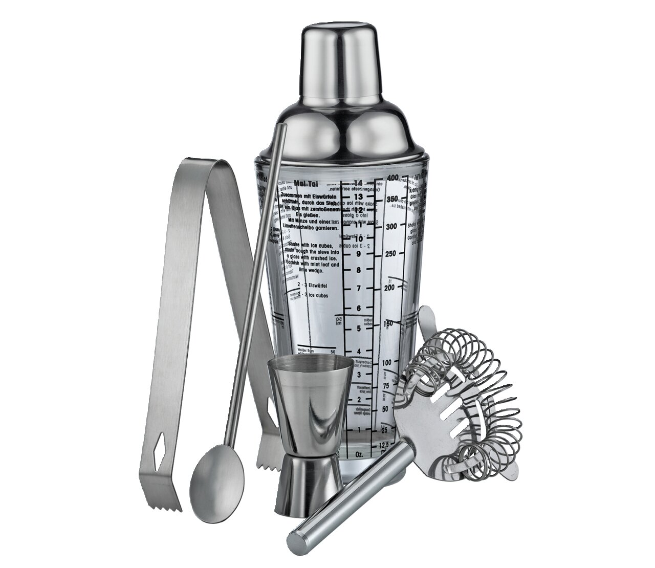Bar Set Cosmopolitan 5-teilig, bestehend aus einem Cocktailshaker mit Rezepten, einem Jigger, einem Barlöffel, einer Eiszange und einem Barsieb, aus Edelstahl, frontal abgebildet.