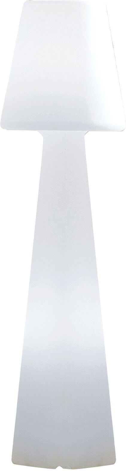 Weiße, minimalistische LED-Tischleuchte mit trapezförmigem Schirm und schlankem Standfuß, frontal von vorne auf weißem Hintergrund fotografiert