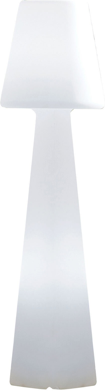 Weiße, minimalistische LED-Tischleuchte mit trapezförmigem Schirm und schlankem Standfuß, frontal von vorne auf weißem Hintergrund fotografiert